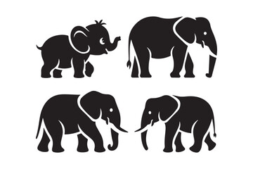 Silhouettes of four elephants in different poses