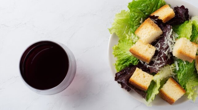 Rich red elixir beside crispy crouton-clad Caesar salad, a dance of Italian indulgence and gastronomic celebration of La Festa Italiana