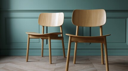 Obraz premium Two minimalist oak chairs whisper tales of Scandinavian tranquility, perfect for hygge-inspired gatherings or Midwinter reflection spaces