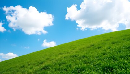 Fototapeta premium A vibrant green hillside under a bright blue sky with fluffy white clouds.