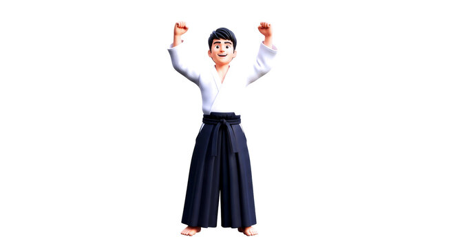 triumphant aikido master 3d cartoon animation asset of victory, isolated on transparent background