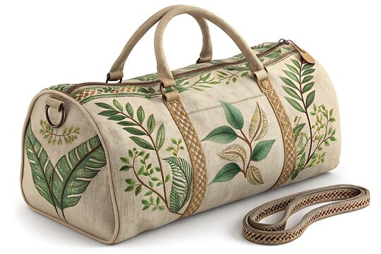 Stylish duffel bag with a botanical leaf pattern and natural handles