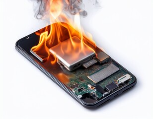 burning smartphone battery in flames isolated on white background damaged lithium battery fire hazard with smoke and melted electronics