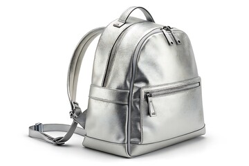 Naklejka premium Fashionable silver backpack with sparkling embellishments on a white background