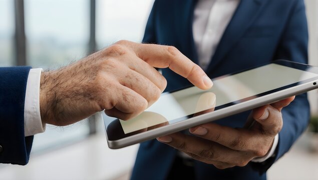 Executive hand tapping tablet touchscreen office environment