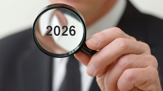 A businessman's hand holds a magnifying glass revealing 2026, symbolizing future vision, innovation foresight, and Digital Preservation Day