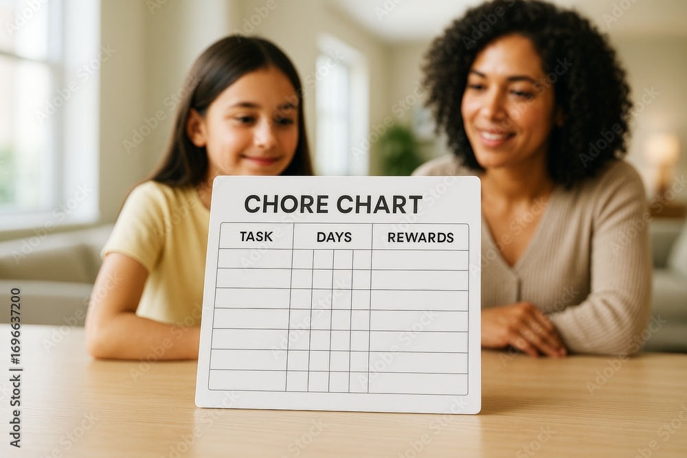 Poster empty chore chart with task, days, and rewards columns on table in front of smiling woman and child 