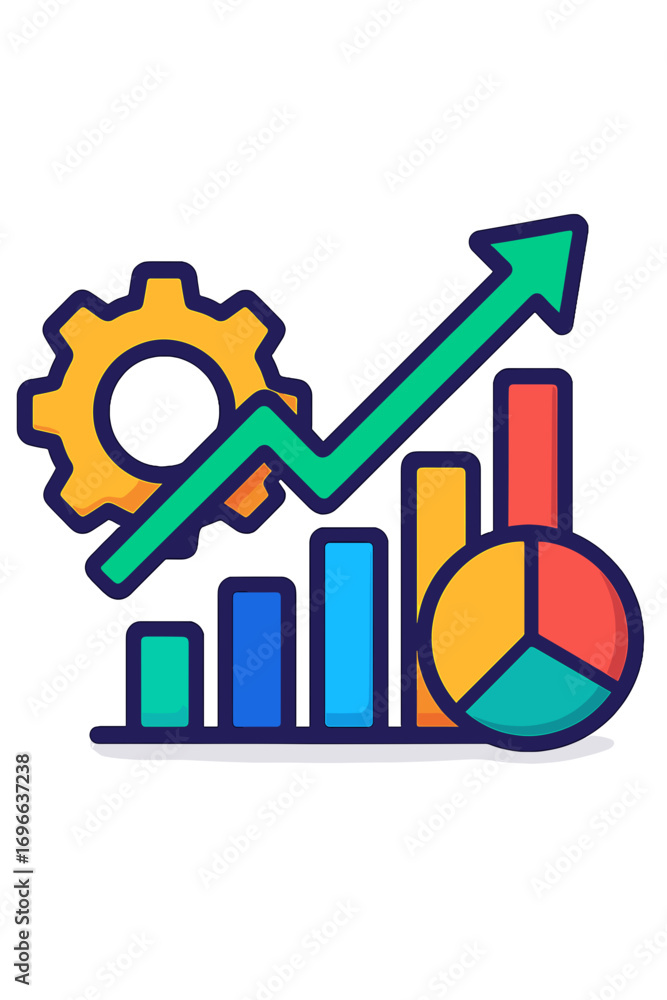 Poster business growth graph with colorful charts and gear icon operations performance map
