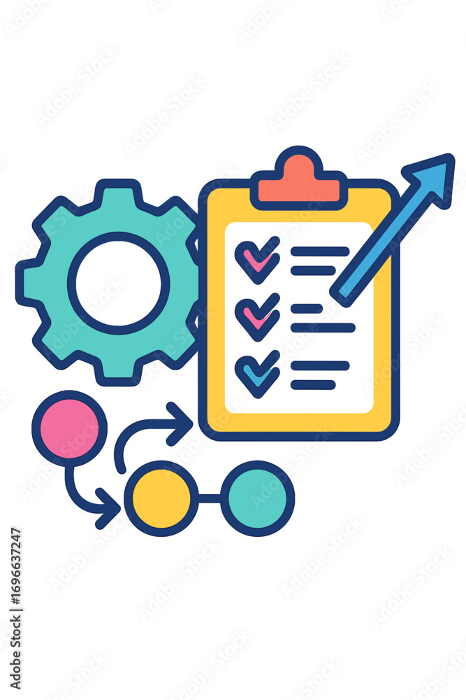 Aufkleber colorful checklist with gears and flowchart elements in flat design workflow planning icons gearicon