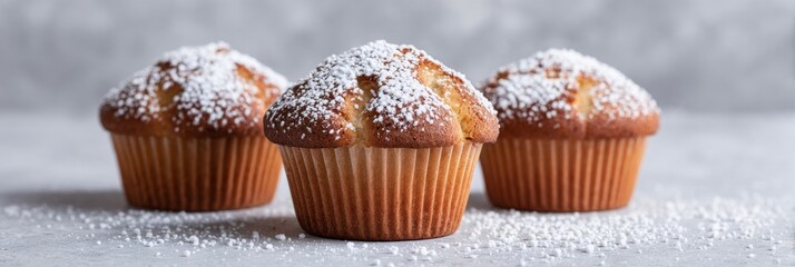 Three snow-dusted muffins bask under cozy morning light, embodying Hygge warmth and World Baking Day's sweet anticipation