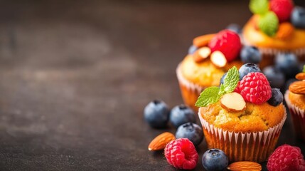 Delicious muffins topped with fresh berries and almonds on a rustic table