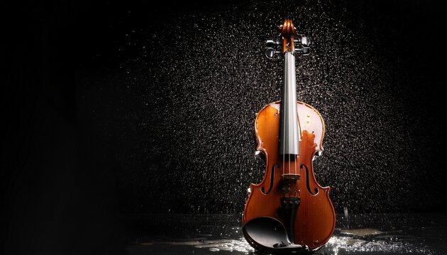 in a minimalist composition a single violin cloaked in the quiet shimmer of raindrops emerges from a vast dark and utterly serene background