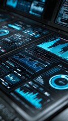 Obraz premium Cyber Technology Control Room with Digital Interfaces, Data Charts, and Modern Monitoring Systems