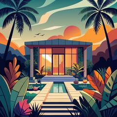 Vibrant tropical villa illustration with large glass doors and palm trees