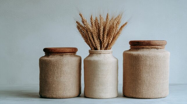 Three rustic burlap jars with golden wheat evoke Lughnasadh harvest vibes and cottagecore homestead elegance, whispering autumn nostalgia