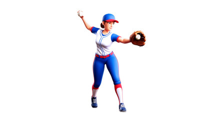 powerful female baseball pitcher dynamic pose, focused throw, 3d cartoon athlete, isolated on transparent background