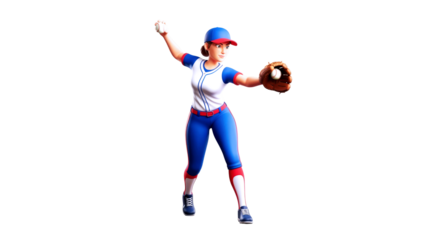 powerful female baseball pitcher dynamic pose, focused throw, 3d cartoon athlete, isolated on transparent background