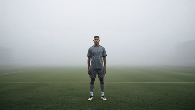 Focused soccer player waits alone before penalty kick on empty field