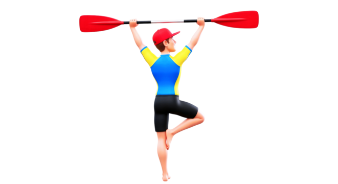 kayaking zen cartoon athlete in tree pose, paddle balance, summer serenity, isolated on transparent background