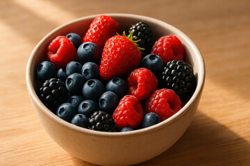 Fresh berry bowl with strawberry blueberry raspberry blackberry offers healthy breakfast food that supports balanced blood sugar and bright morning energy