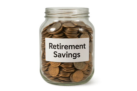 Studio-isolated transparent background photo of a glass jar filled with coins labeled “Retirement Savings,” coins sharply detailed, symbolizing financial planning, pension reforms, and concerns about 