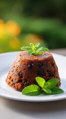 Rich, spiced Christmas plum pudding adorned with mint leaves, capturing Yuletide warmth and festive culinary nostalgia in enigmatic indulgence