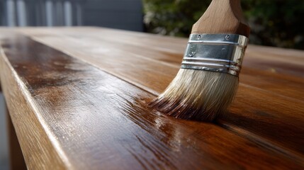 Applying rich mahogany stain with a brush; woodworker's tranquil ritual, celebrating DIY Day and National Woodworking Month