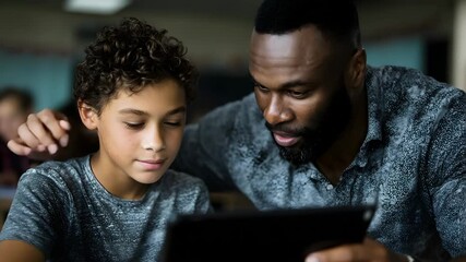 Teacher assisting student with tablet in digital learning setting - Powered by Adobe
