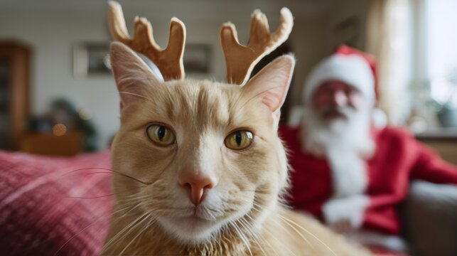 Orange tabby with reindeer antlers channels Yuletide mystique beside Santa, embodying whimsical Festivus and Hug a Cat Day delight