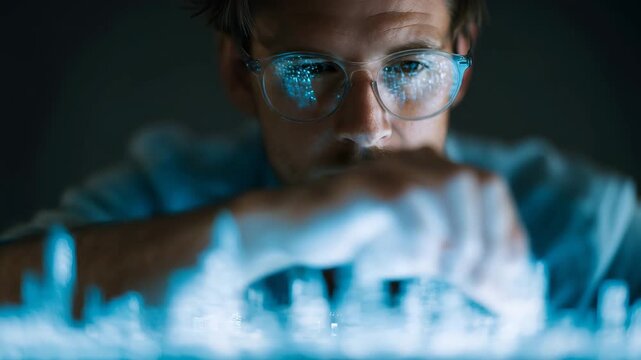 Venture capitalist analyzing a holographic startup model with focused intensity