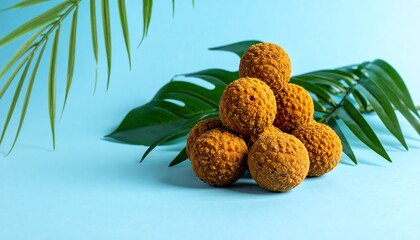 Close-up flat lay of a pile of textured golden lychees arranged on a light blue background with tropical palm leaves, creating a vibrant and summery mood.