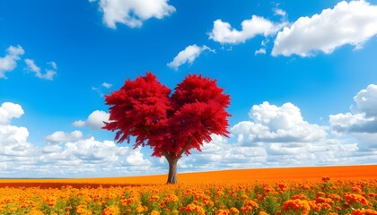 A vibrant red heart-shaped tree stands alone in a vast field of orange flowers under a bright blue sky with fluffy clouds.