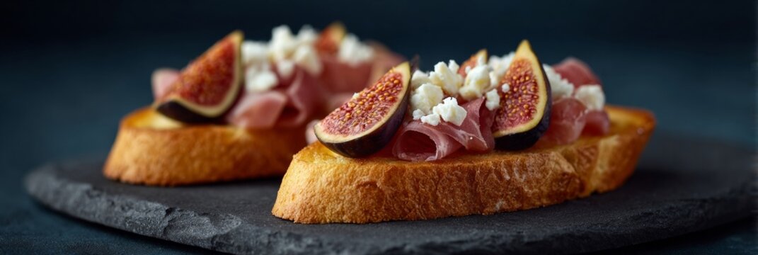 Exquisite fig and prosciutto crostini evoke Mediterranean indulgence, ideal for La Dolce Vita celebrations or eclectic summer soirees