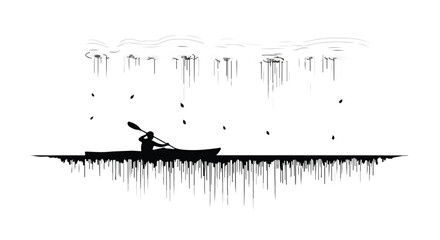 Solitary kayaker paddles through abstract rain and reflections