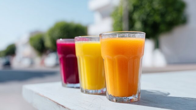 Three sunlit juices gleam in vibrant hues, embodying summer solstice joy and eccentric juice-tasting festivals, refreshing vitality