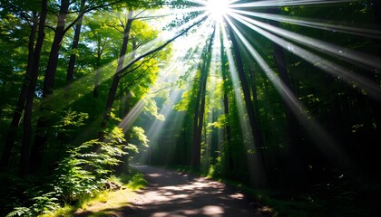 Obraz premium Sunlight streams through the lush green canopy of a dense forest, illuminating a tranquil path with brilliant rays of light.