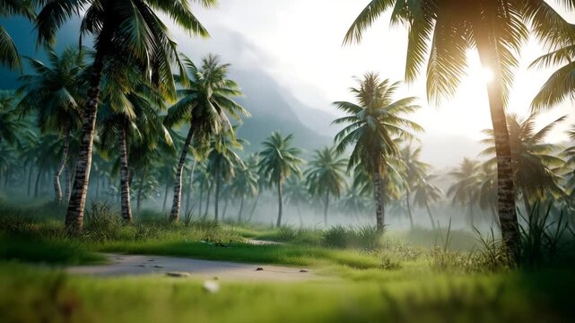 Lush tropical coconut plantation with towering palm trees