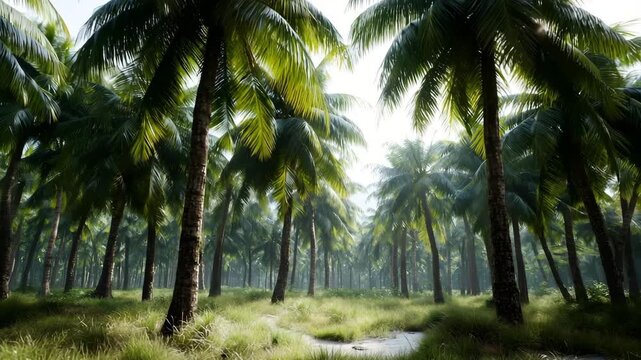 Lush coconut palm plantation in a tropical setting