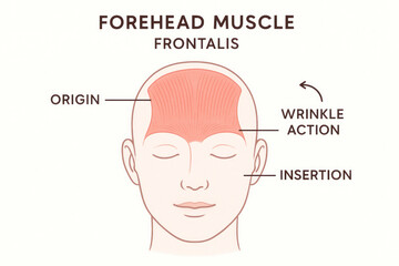 Frontalis Muscle Anatomy Illustration, Forehead Muscle Details, Wrinkle Formation, Origin and Insertion Points [Illustration]
