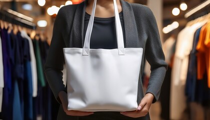white tote bag hanging in a clothing store shopping bag