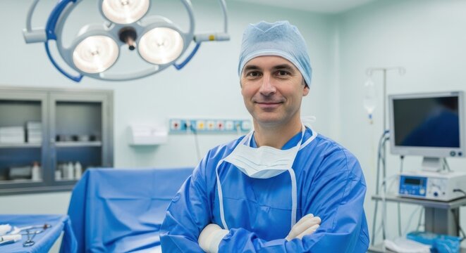 A male surgeon in a blue surgical gown and cap stands in a hospital operating room with a surgical light overhead. - Powered by Adobe