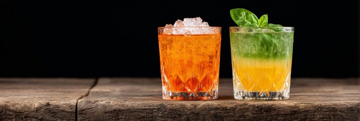 Two crystalline cocktails mimic aurora borealis hues on rustic wood, perfect for National Cocktail Day or Carnival festivities