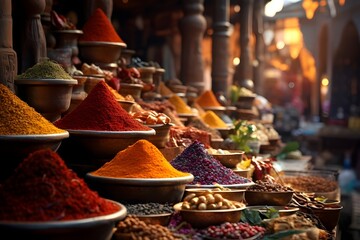 Vibrant market with colorful spices on display, exotic bazaar scene, aromatic herbs, cultural marketplace, traditional trading, 8k ultra-high-resolution travel and food photography
