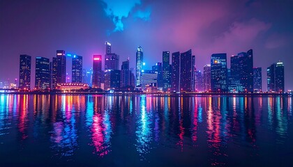 Fototapeta premium Modern urban skyline glowing at night, cinematic city view