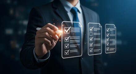 Businessman checking off tasks on a digital checklist, representing productivity and success.