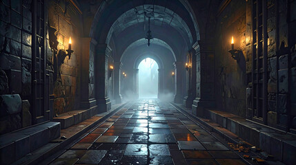 Fototapeta premium Damp Stone Floor Detail With Misty Background And Light Rays