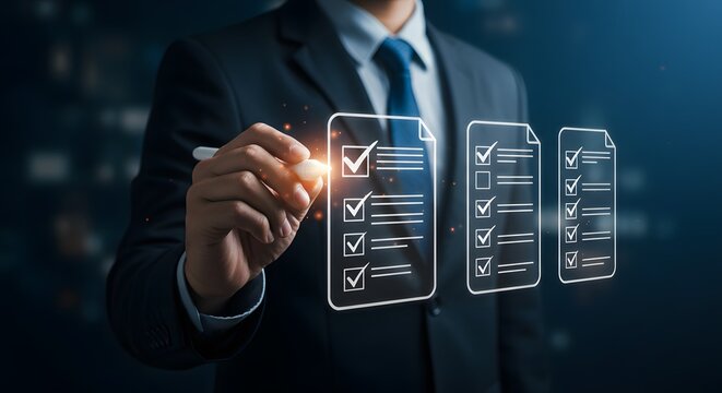 Businessman checking off tasks on a digital checklist, representing productivity and success.