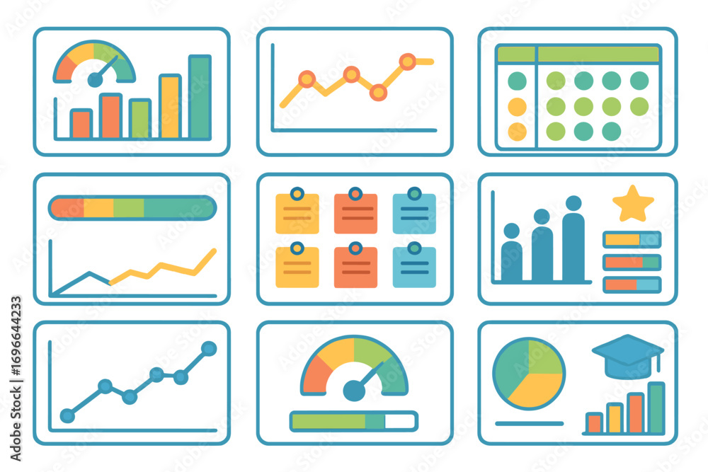 Poster data analysis and statistics icon set in filled style for reports and presentations