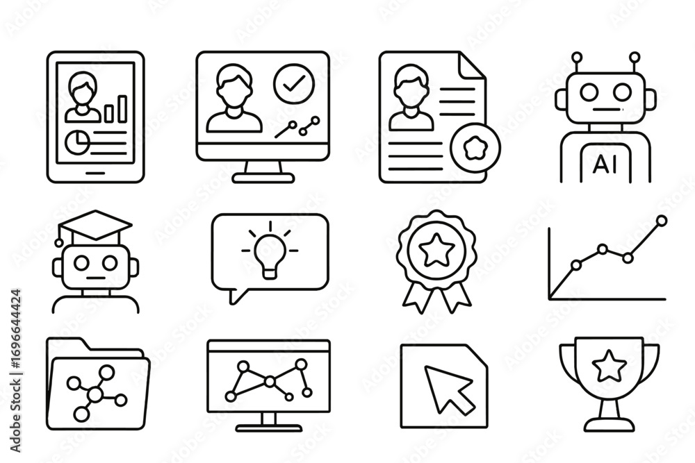 Poster technology and ai outline icon set. digital, innovation, robotics, network icons collection
