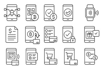 Cryptocurrency and finance icon set. mobile payment, banking, trading line icons
